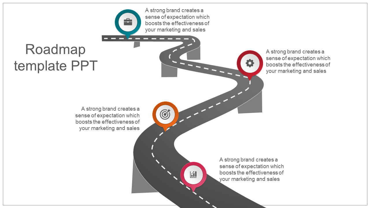 Curved gray road graphic with four colored markers in teal, red, orange, and pink, indicating text on a roadmap.