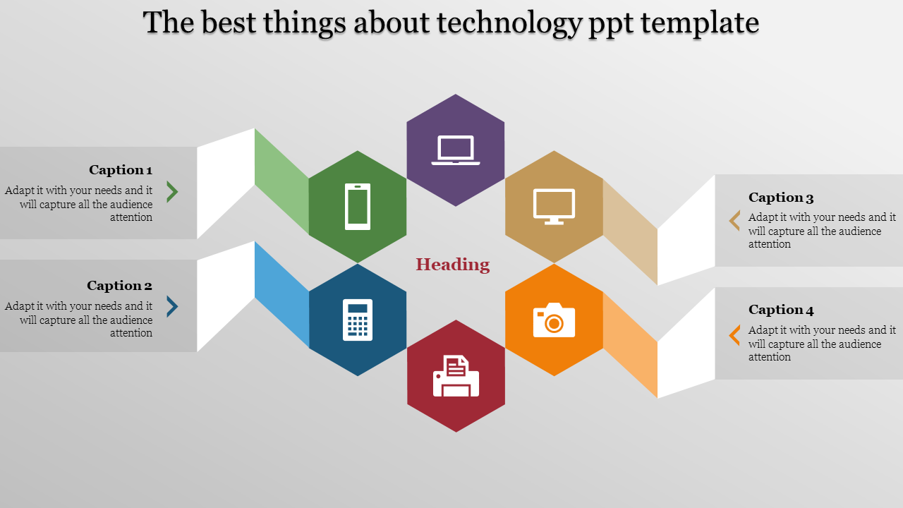 Business technology template with six hexagons featuring tech-related icons, aligned with captions areas.