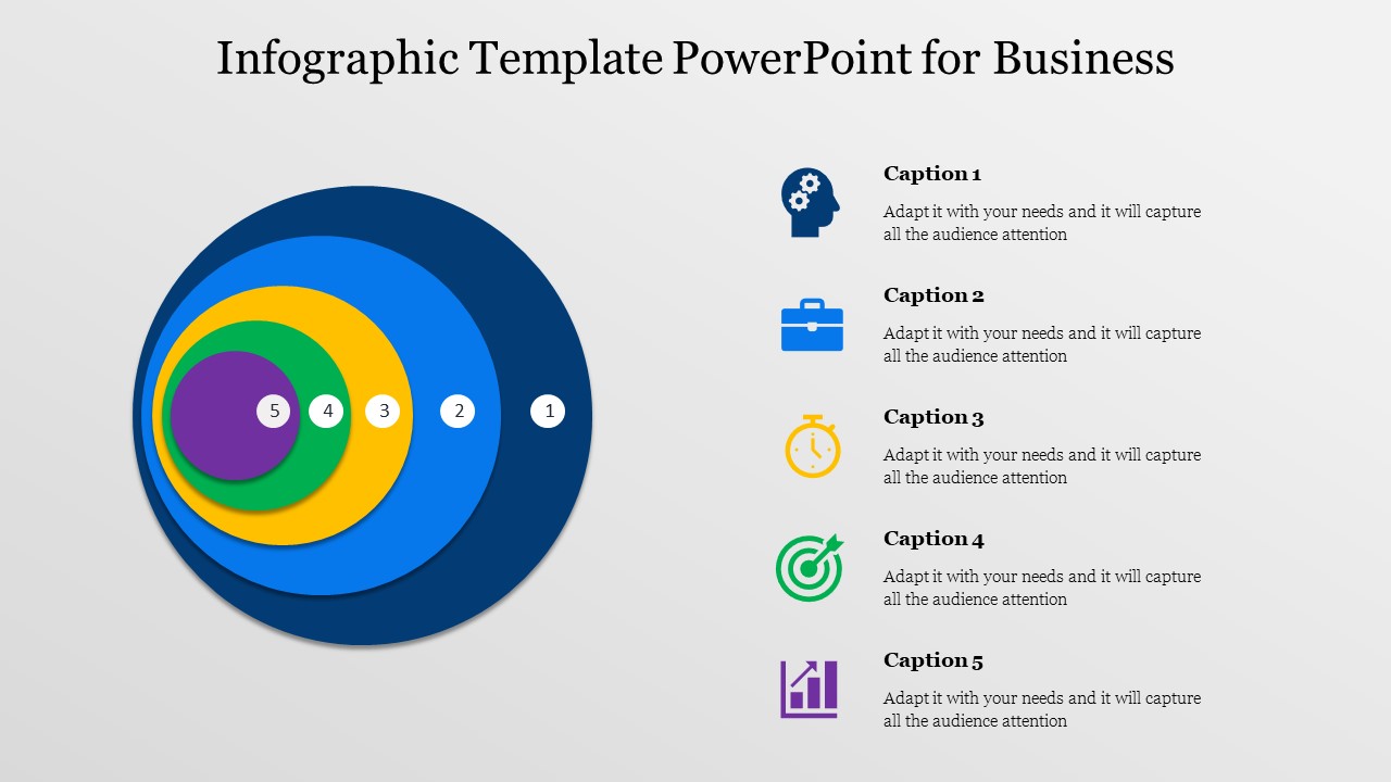 PowerPoint infographic template with concentric circles and icons for business concepts with captions and icons.