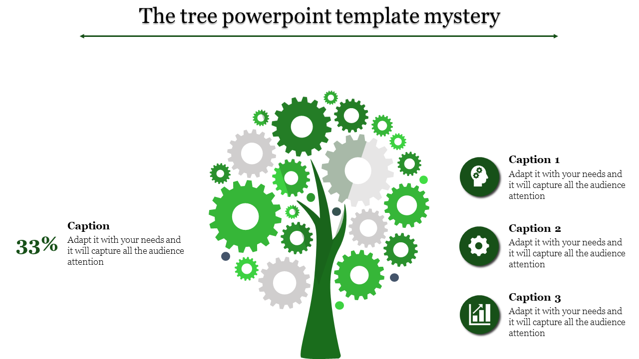 Tree shaped design made of green and gray gears with three caption sections for text.