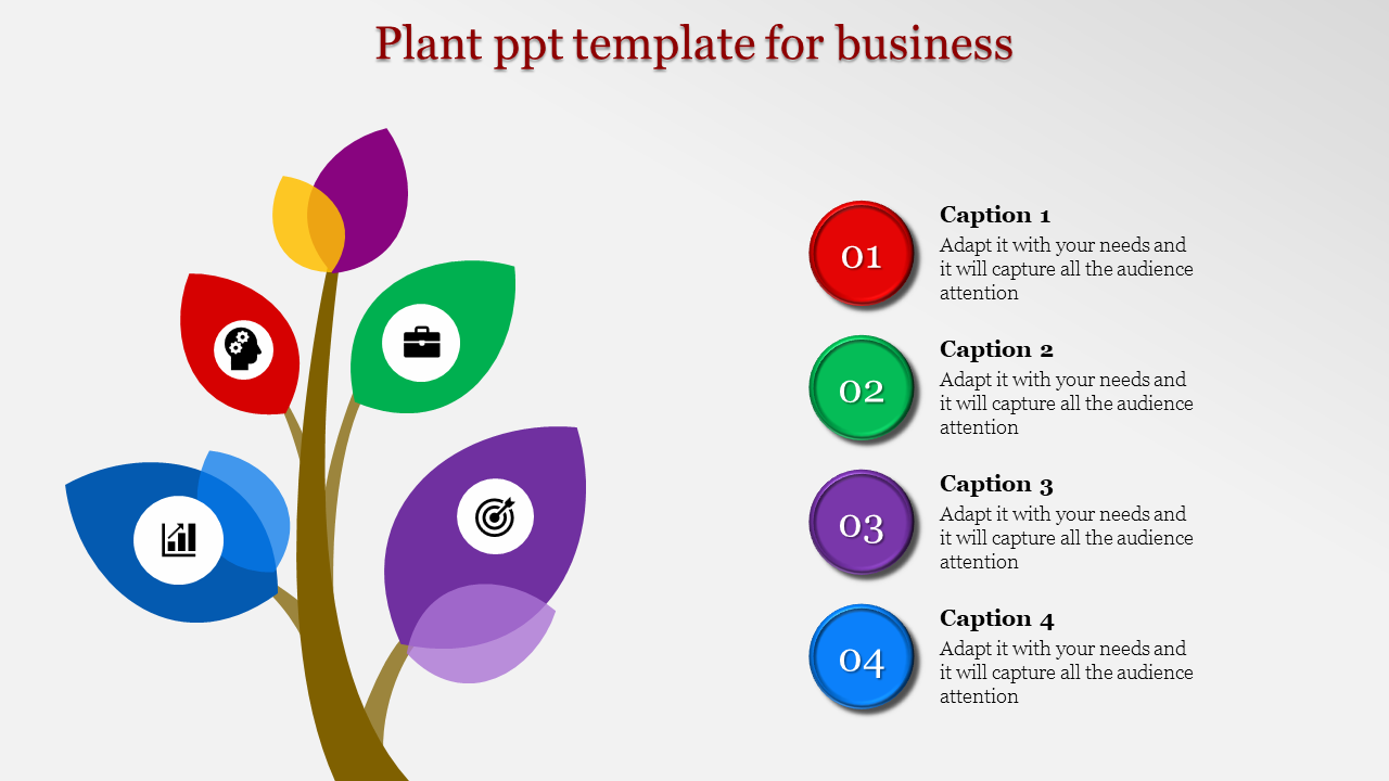 Business themed plant diagram with colorful leaves, each containing an icon, and four numbered captions to the right.