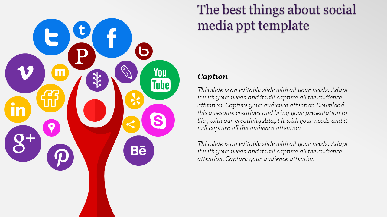 Slide with social media icons from popular platforms arranged like branches of a tree with text captions.