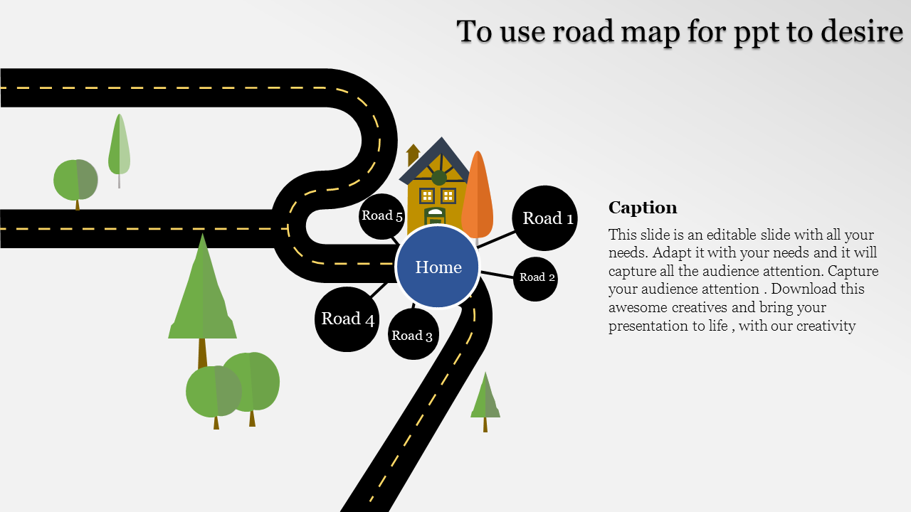 Illustration of a road map with a house and trees, featuring a central home circle linked to five labeled road points.