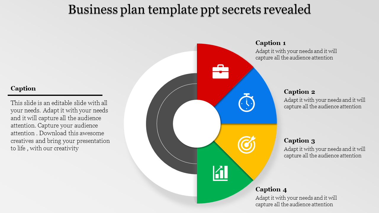 Business infographic in a circular format with red, blue, yellow, and green quadrants displaying relevant icons.