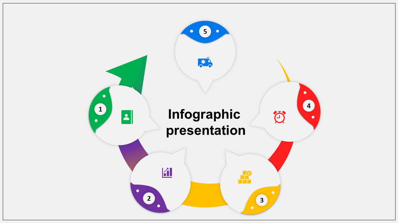 Infographic design with a central title and five numbered icons in green, purple, yellow, red, and blue segments.