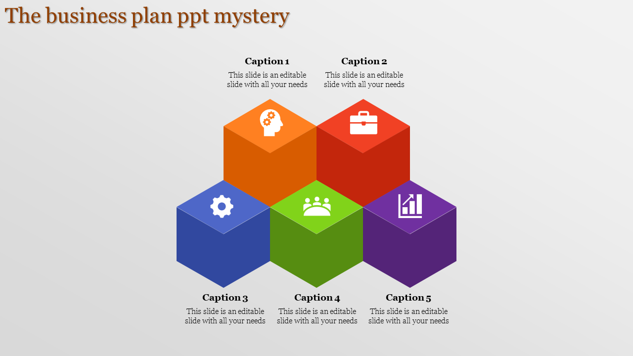 Business plan PowerPoint slide with five colorful blocks, each featuring icons and captions.