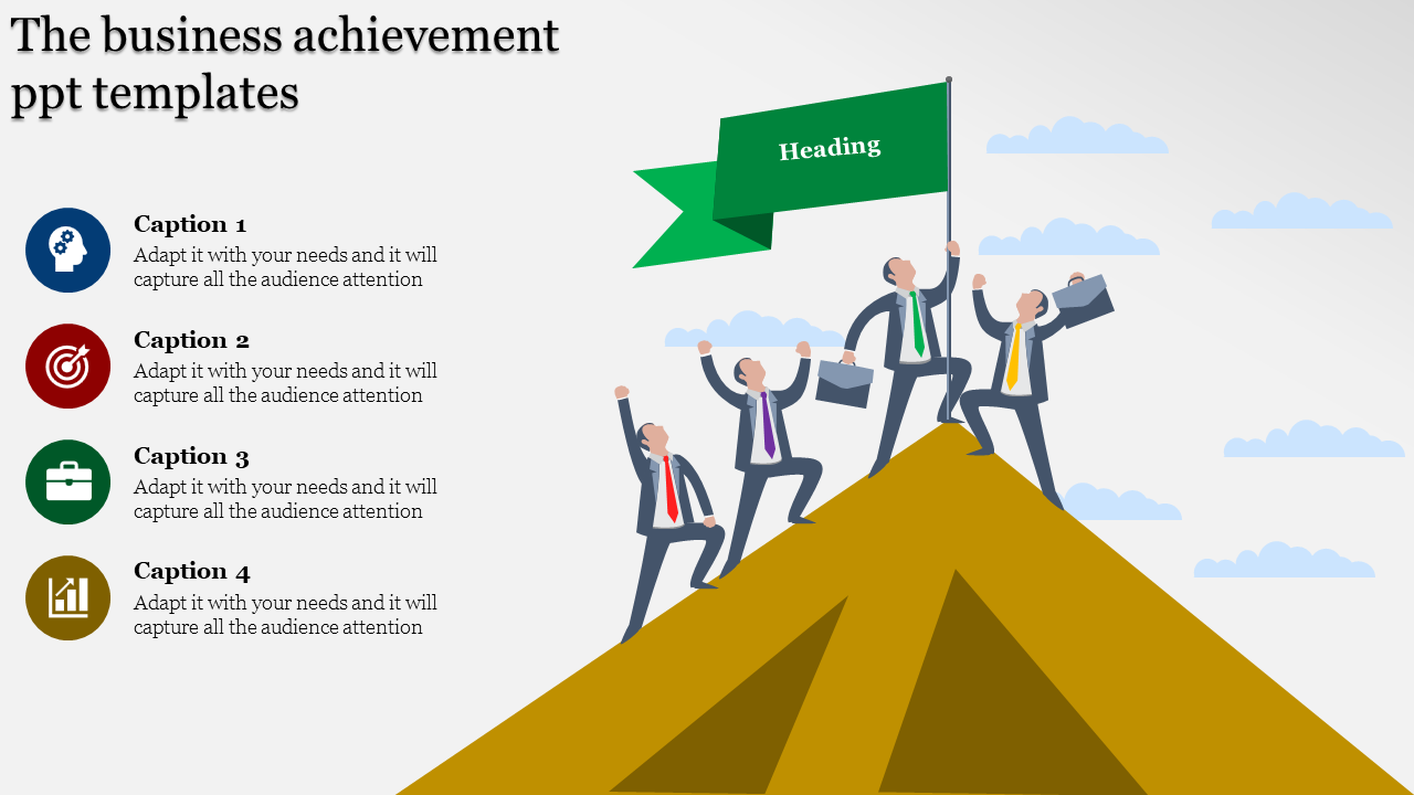 Business achievement slide featuring a group of professionals celebrating at the peak of a mountain with a green flag.