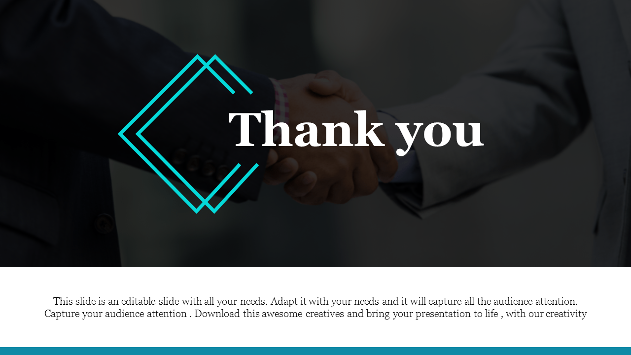 Professional thank you slide featuring a handshake background with modern text design and text area.