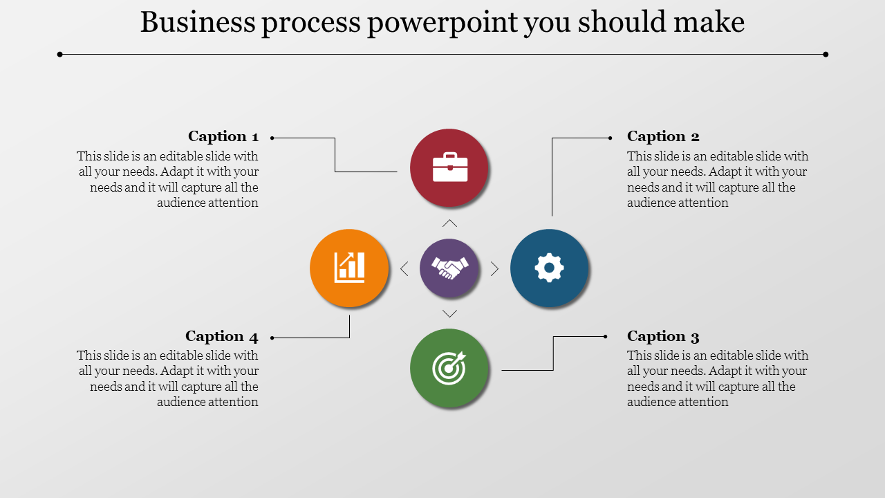 Business process diagram with a central handshake icon, surrounded by icons for a briefcase, graph, gear, and target.