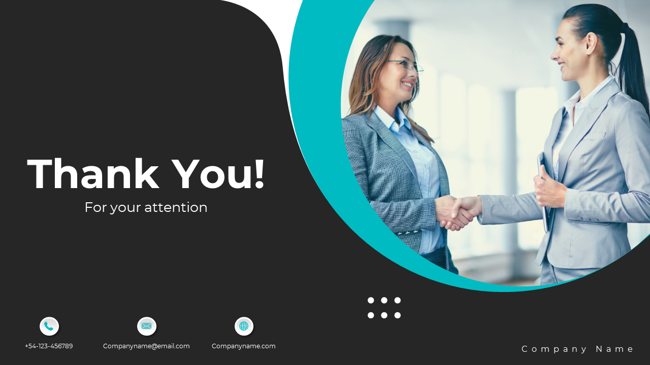 Corporate-style Thank You slide with handshake image, contact details, and a modern black and teal design.