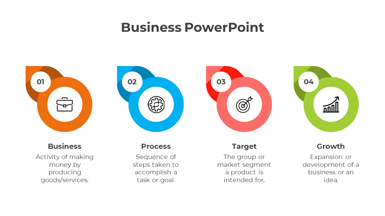 Business infographic showing progression through three stage, marked by colored banners and simple black line icons of steps.