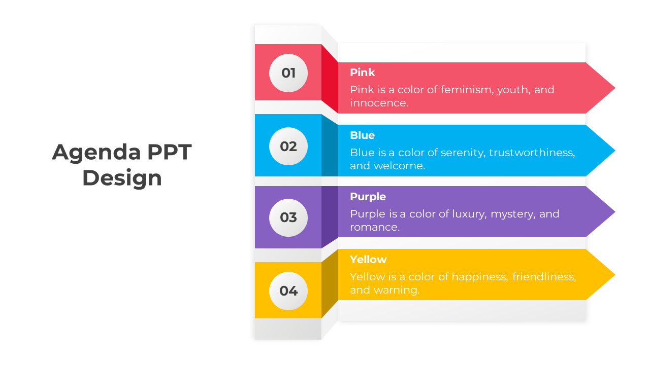 Slide featuring a color coded agenda design, describing meanings of colors like pink, blue, purple, and yellow.