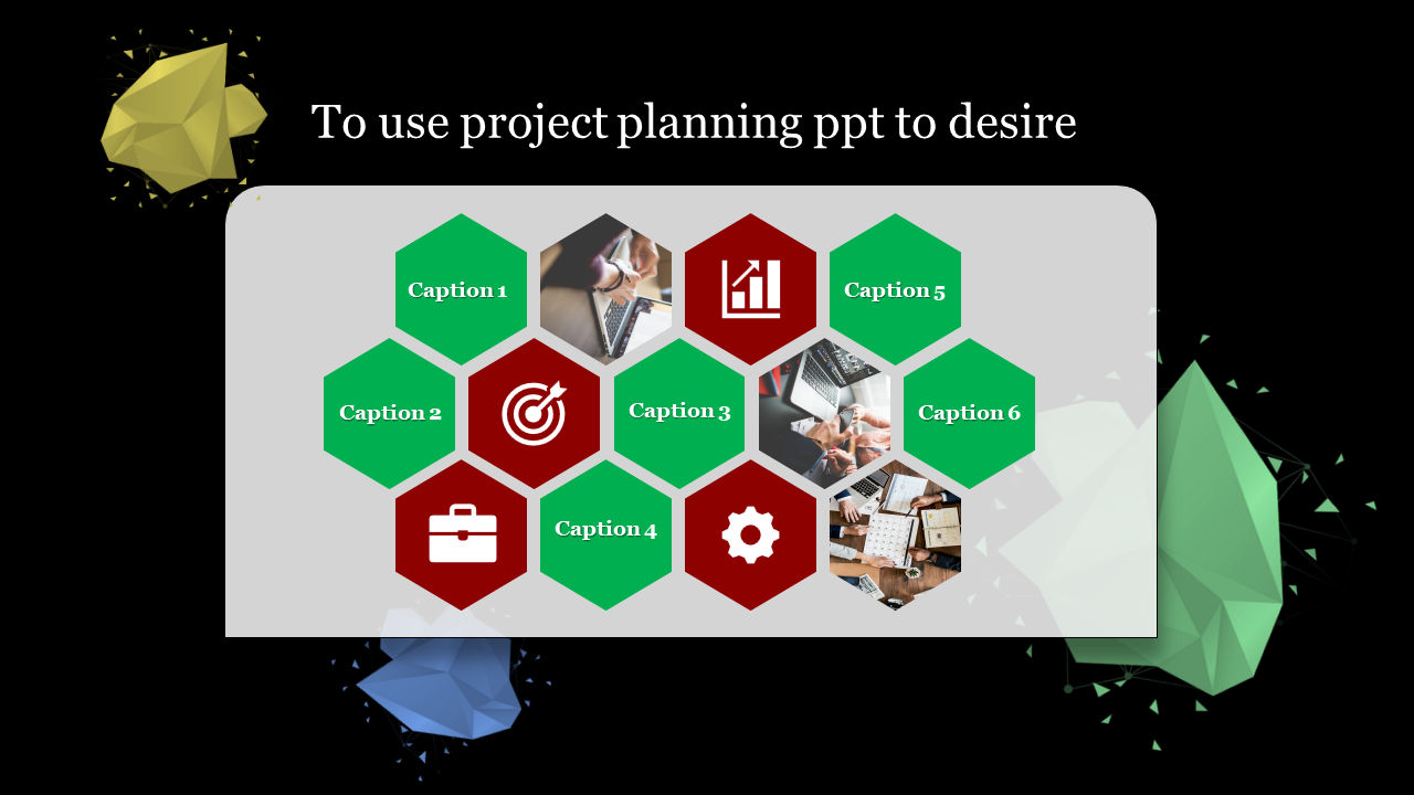 Project planning slide featuring twelve connected hexagons business icons, placeholder text, and team workspace images.