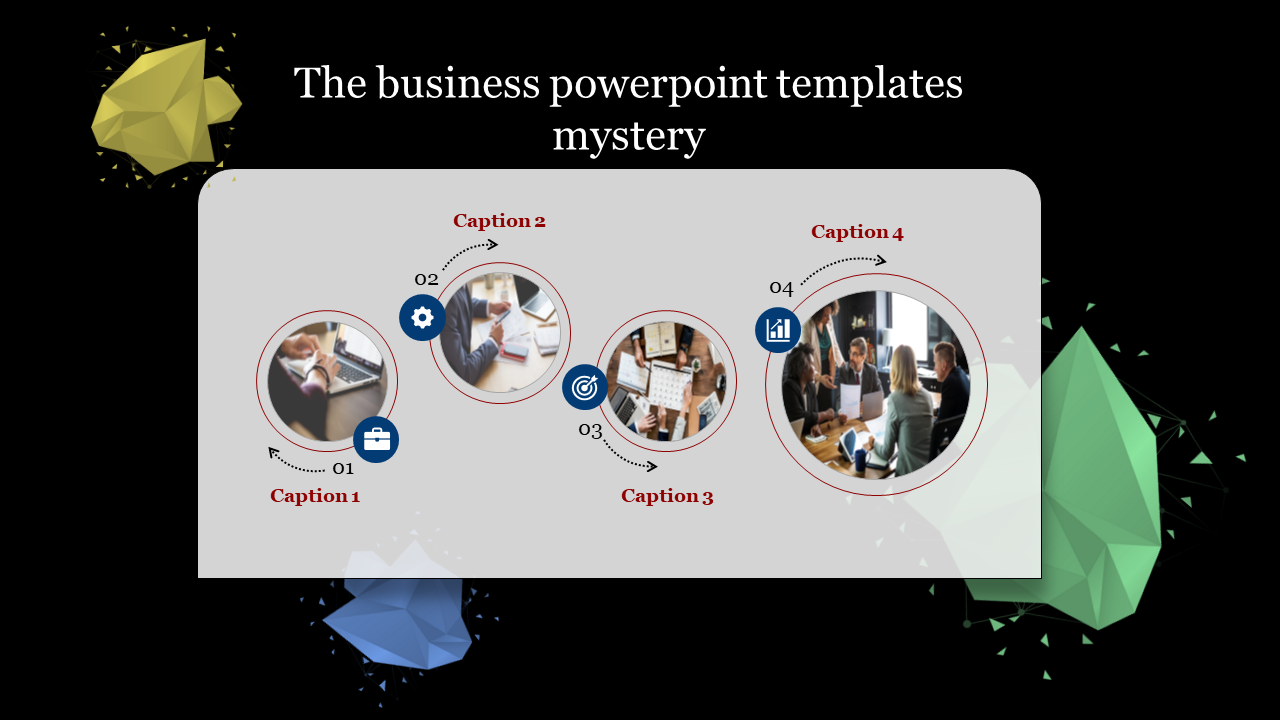 Business process template with interconnected circles showing team meetings, planning icons, and red-outlined photo frames.