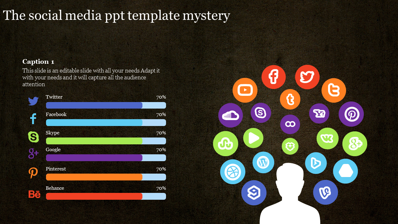 Dark-themed slide with a social media icon tree emerging from a silhouette, alongside bar graphs showing platform statistics.