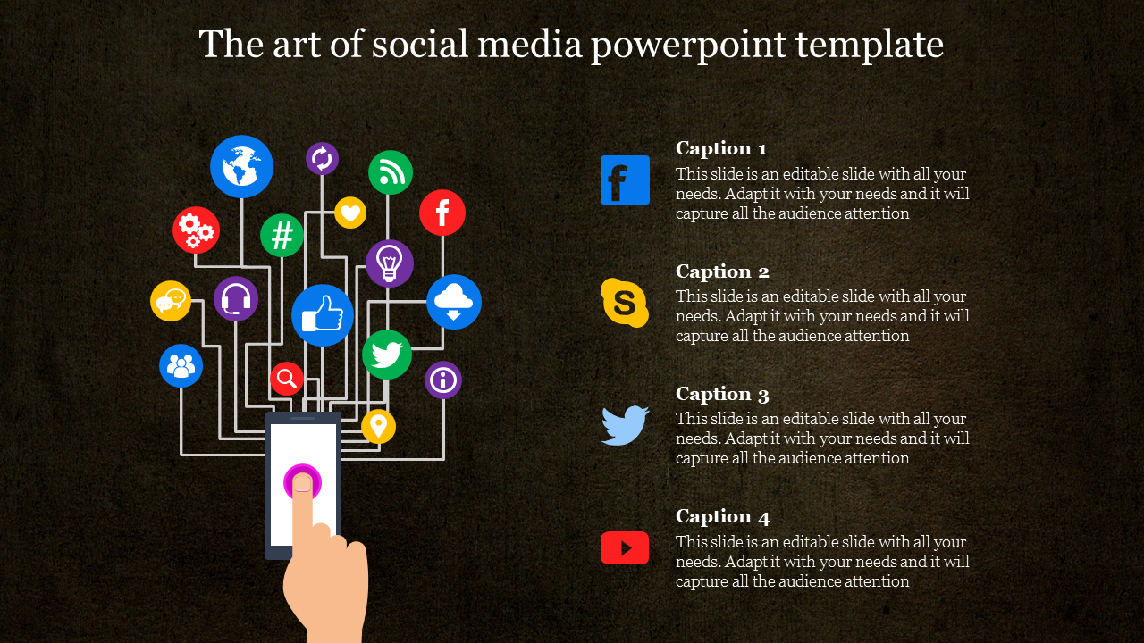 A hand touching a smartphone, displaying various social media icons connected by lines with captions on a dark background.