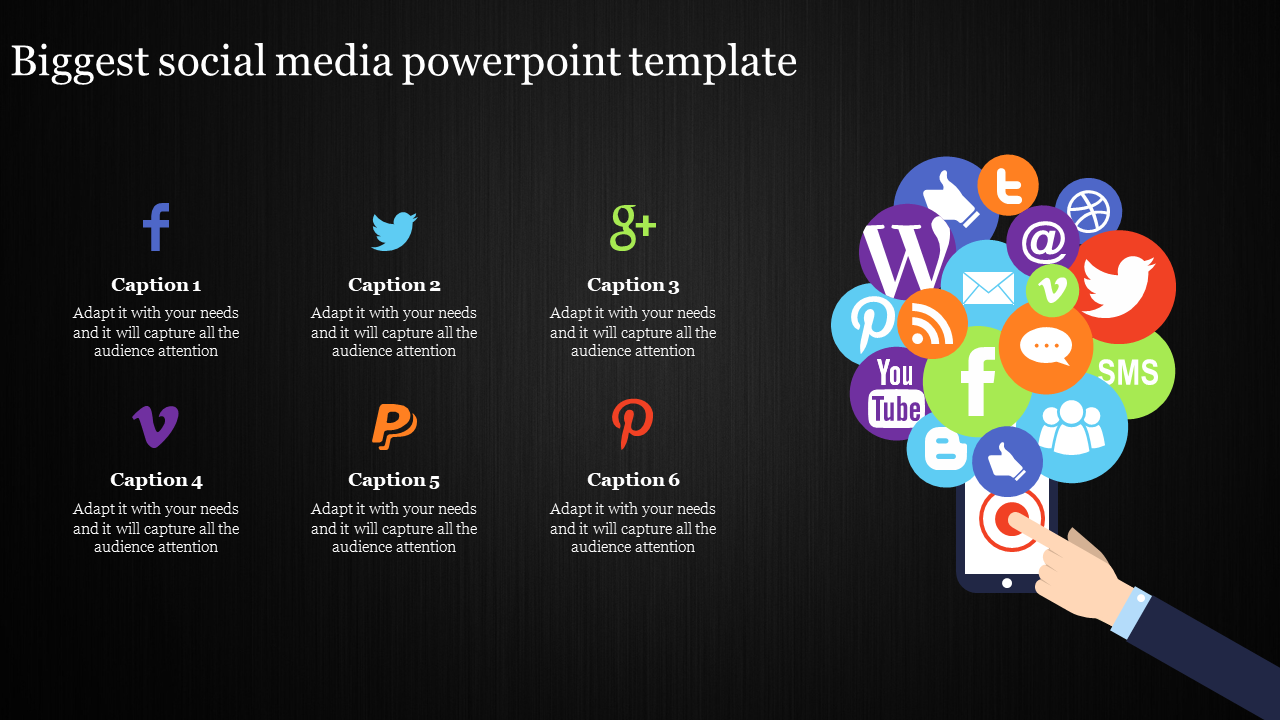 Dark-themed slide featuring social media icons like Facebook, Twitter, Google Plus, and Pinterest, alongside captions areas.