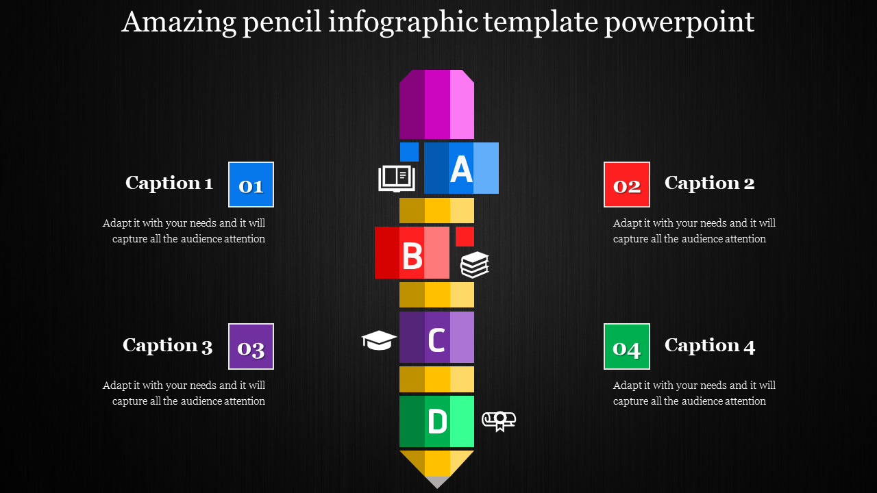 Vertical infographic shaped like a pencil, with each color segment containing a related icon for learning and development.