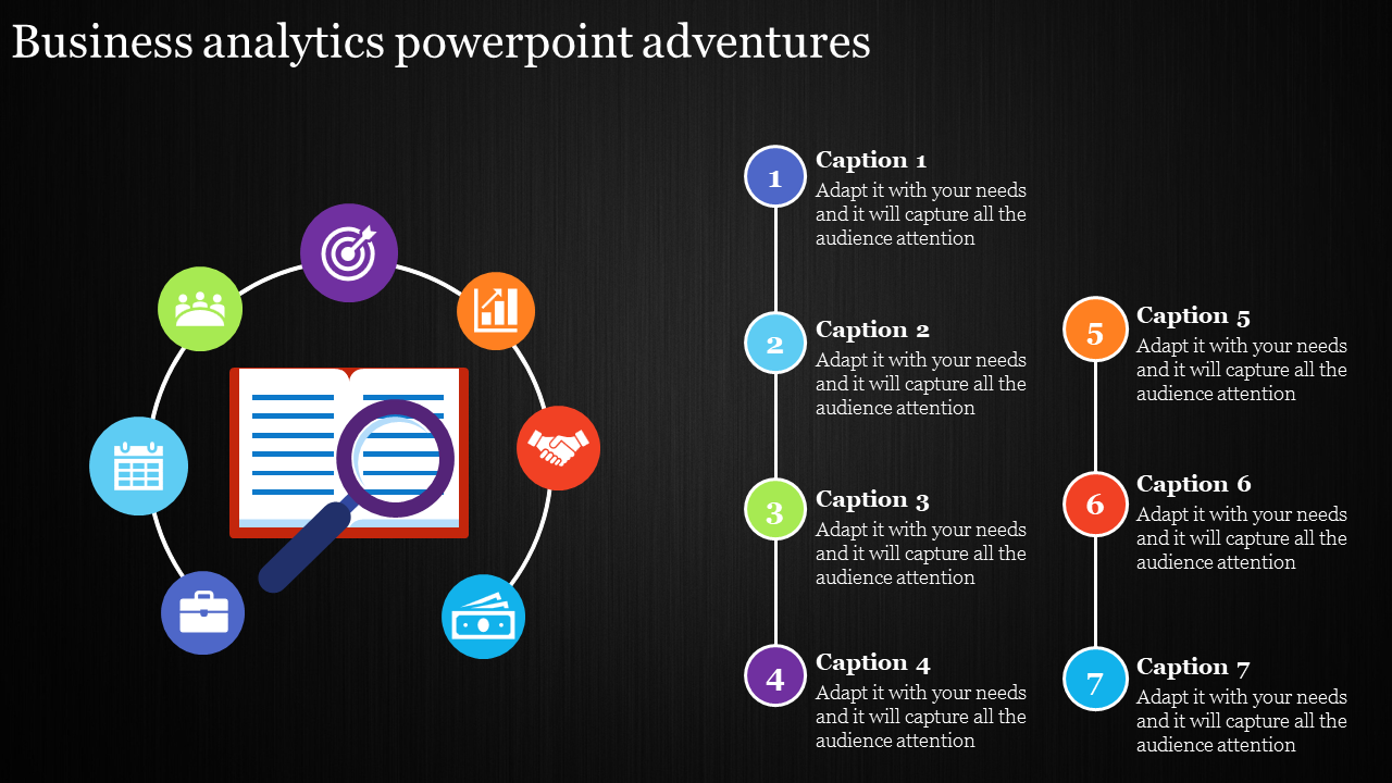 A business analytics PowerPoint slide with icons surrounding a magnifying glass and a book with captions on a dark theme.