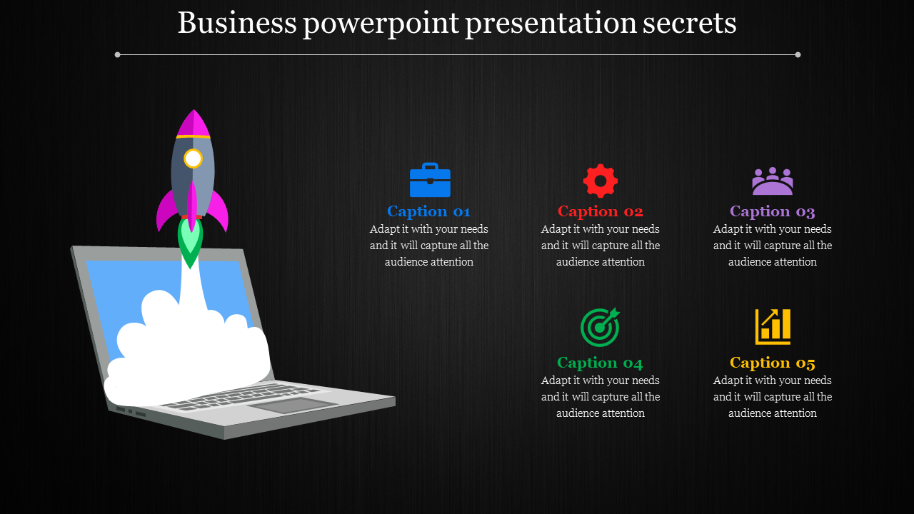 Business PPT slide showing a rocket emerging from a laptop with five color coded steps and icons.