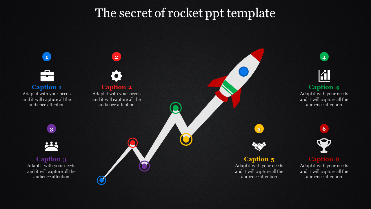 A rocket-shaped line graph with six markers with each having a colored circle, a number, and a caption areas.