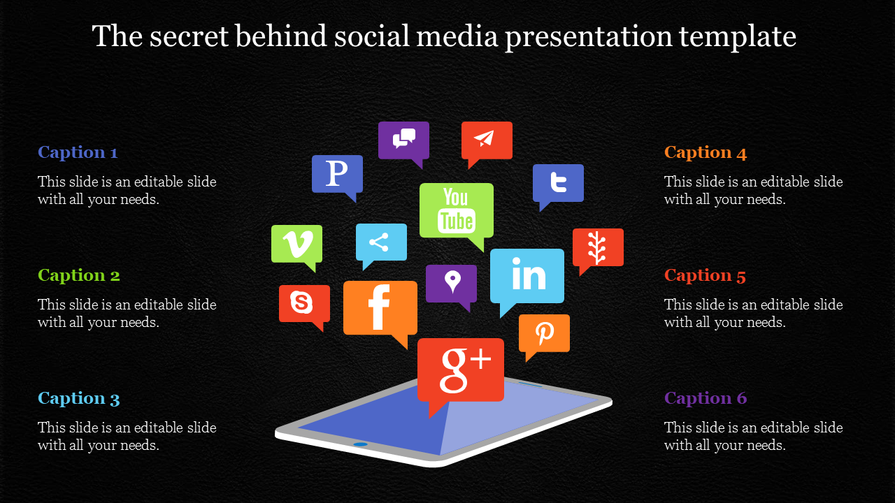 Social media slide featuring a central tablet and speech bubbles with logos of various online platforms, on a dark backdrop.