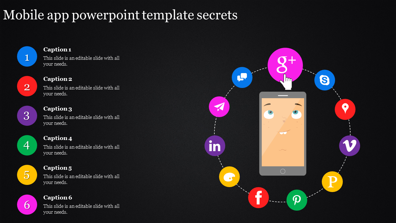 Mobile app infographic featuring a smartphone and a ring of icons for platforms like Google+, LinkedIn, and Facebook.