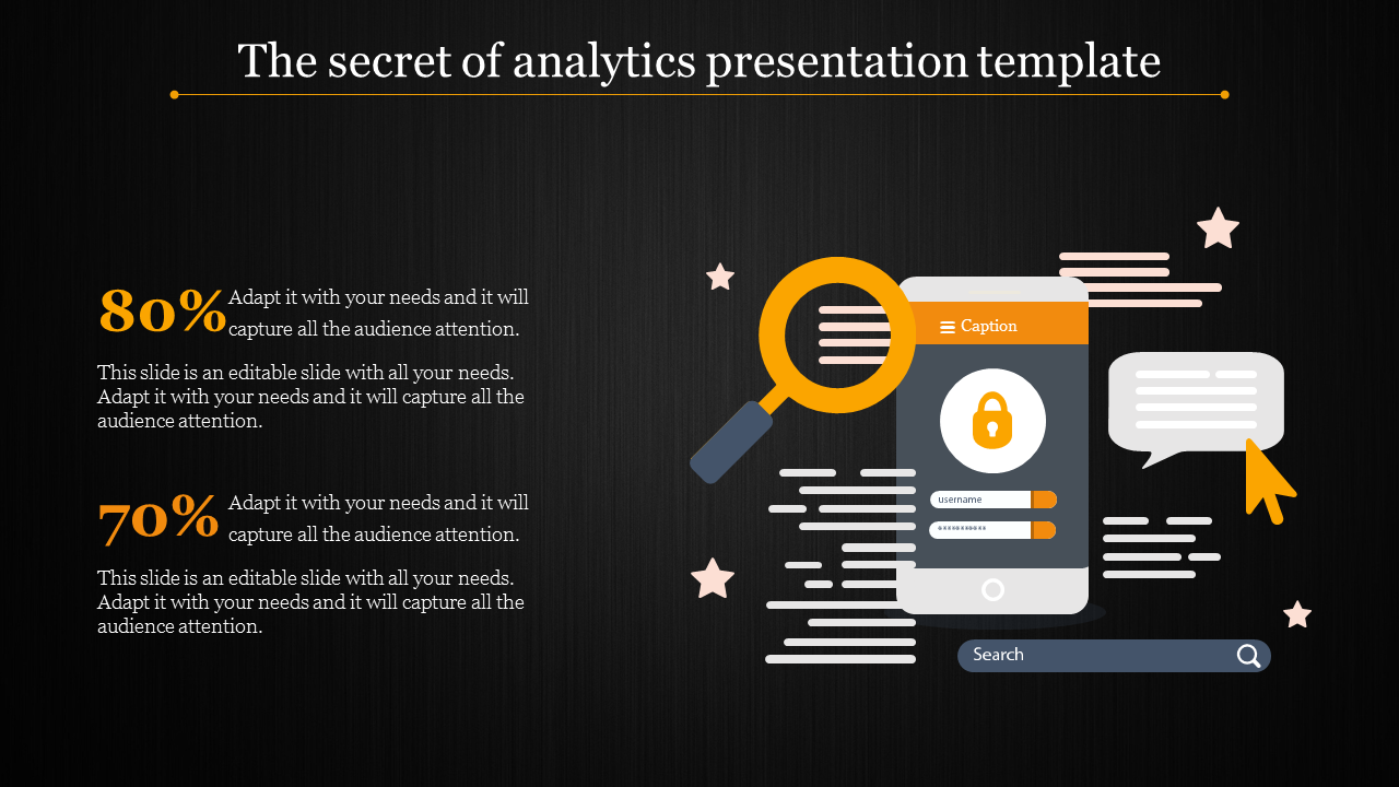 Dark themed slide featuring analytics elements, including a magnifying glass, mobile device, and percentages in bold.