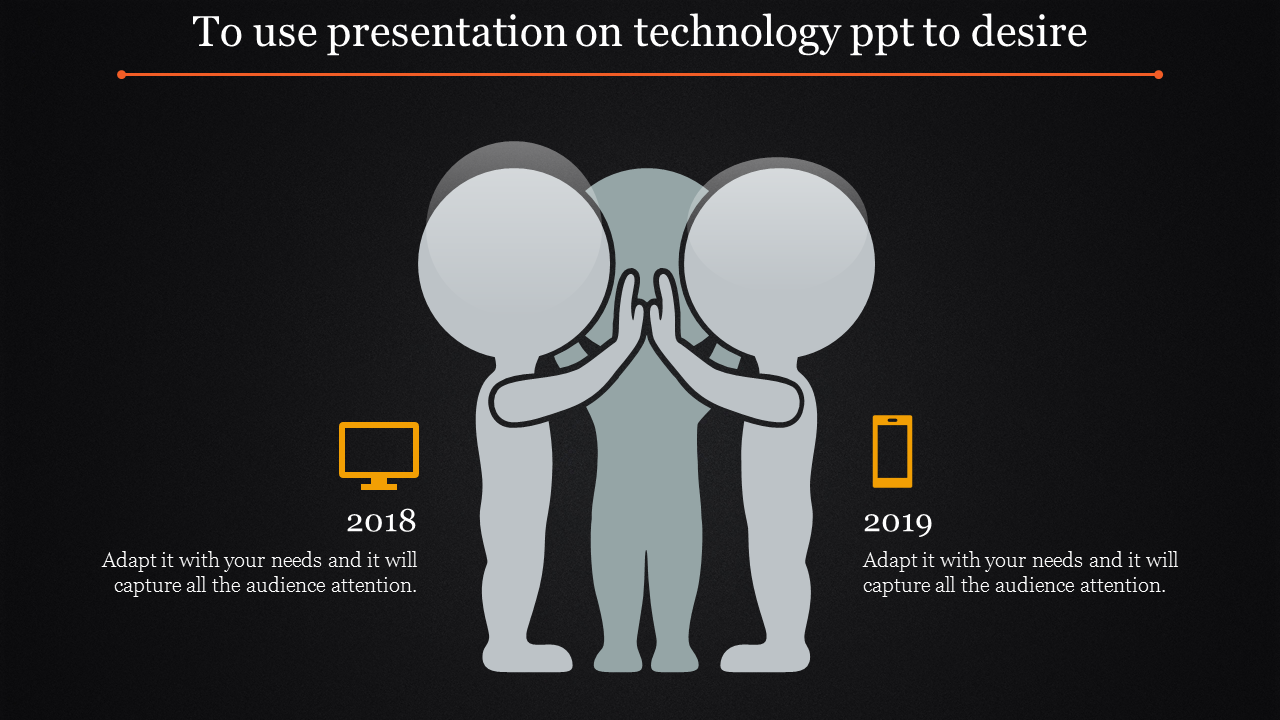 Teamwork illustration with three figures and technology icons representing desktop for 2018 and mobile for 2019.