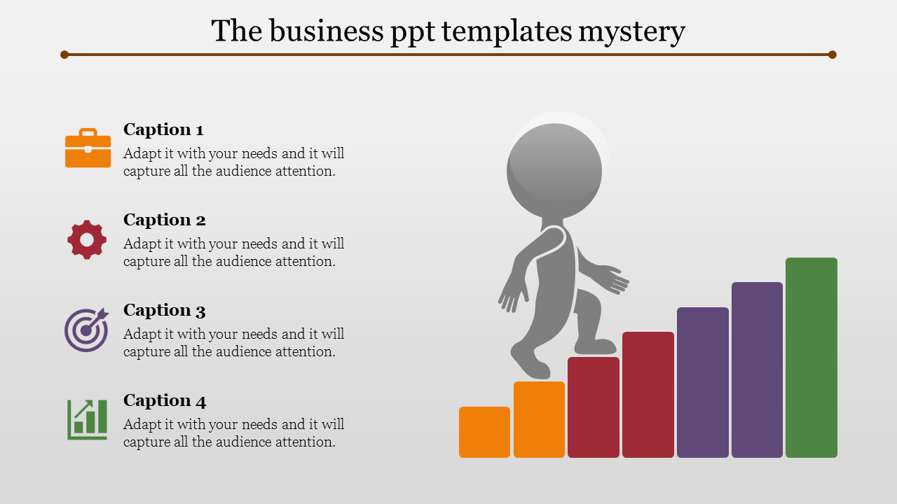 Business themed design showing a person climbing a bar graph with captions areas and relevant icons.