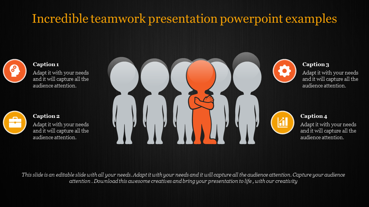 PowerPoint slide showing a group of five figures, with one in orange, symbolizing teamwork, with icons and captions.