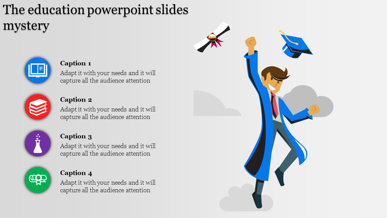 Celebratory graduate graphic with flying diploma, alongside four captions with icons for education and learning achievements.