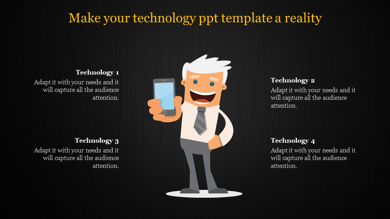 Technology PowerPoint template showing a smiling man holding a phone, with four steps with placeholder text.