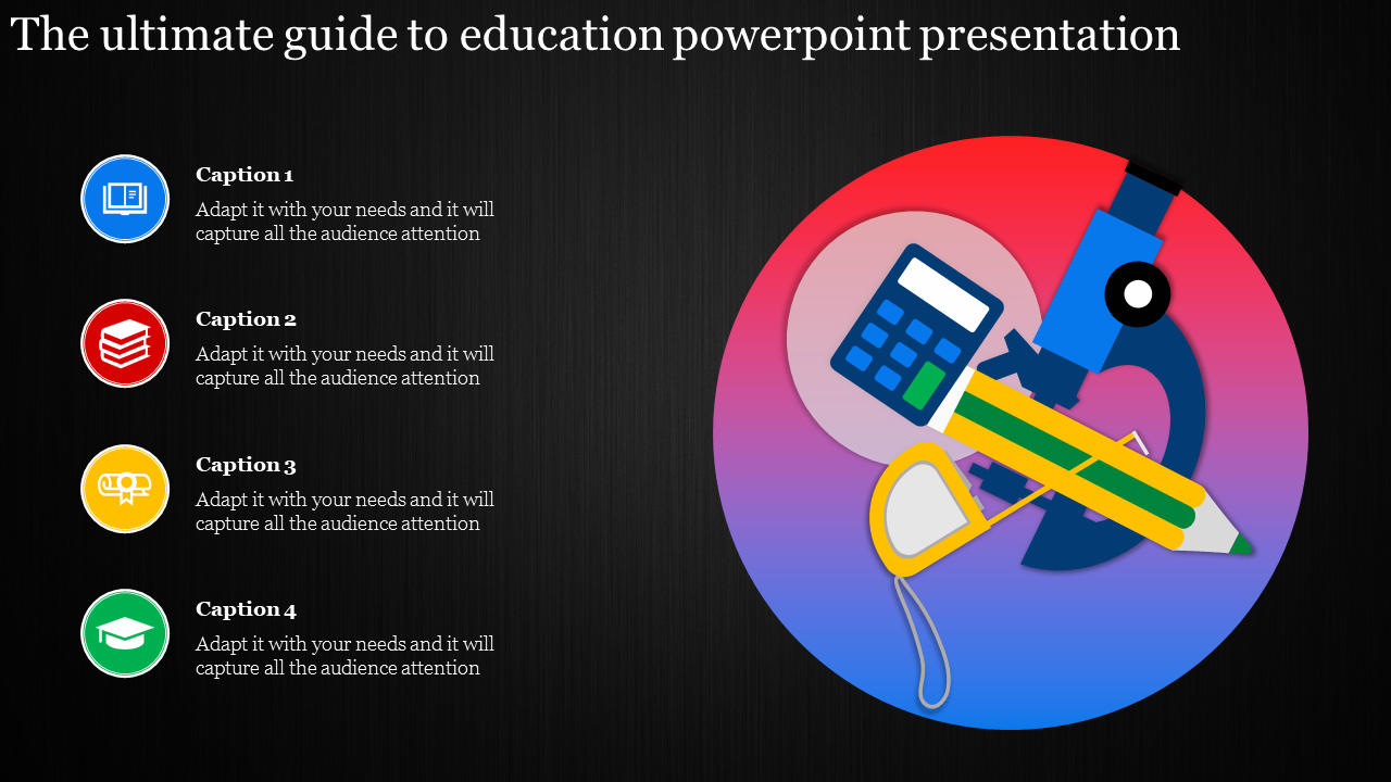 Slide showing four colored icons with captions on the left and a large circle with educational tools, on dark background.