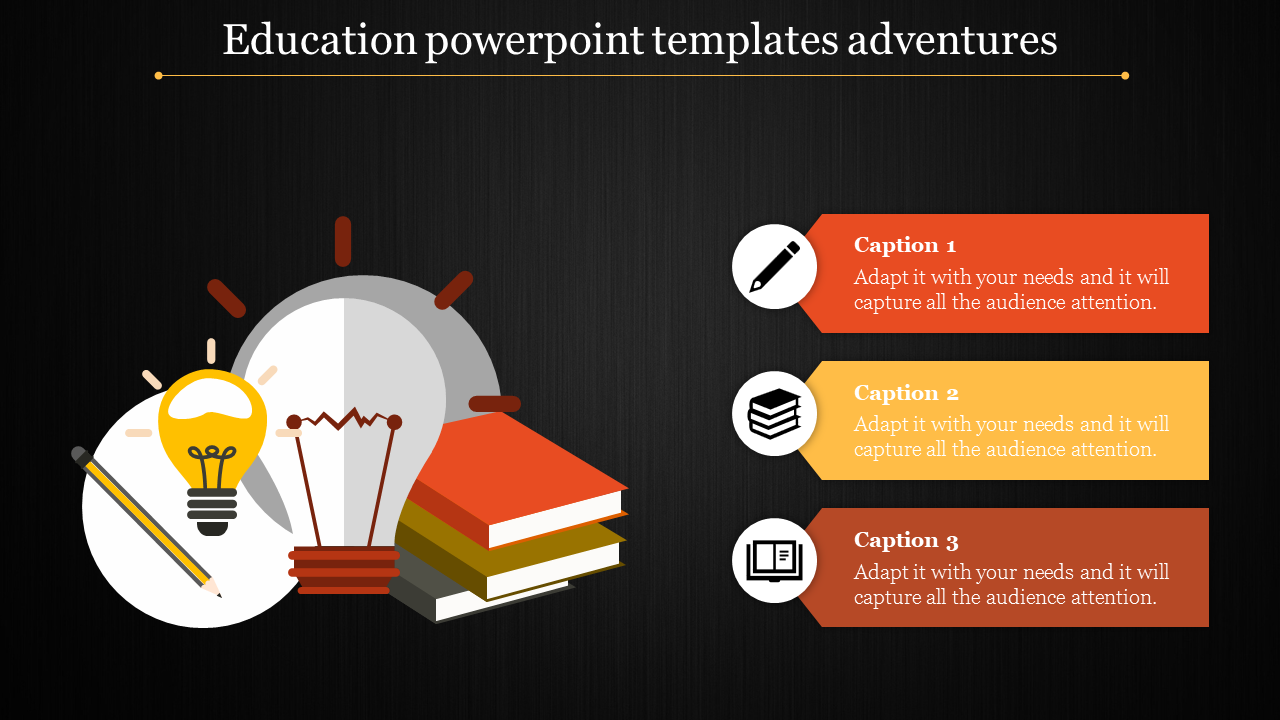 Creative education infographic showing a lightbulb, pencil, and books with three labeled captions on the right.