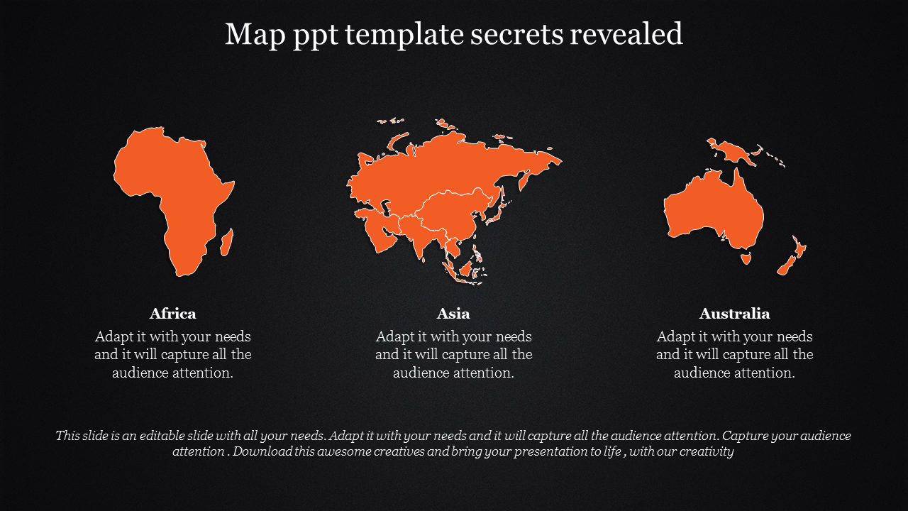 Map PPT template displaying Africa, Asia, and Australia with a text section on a dark backdrop.