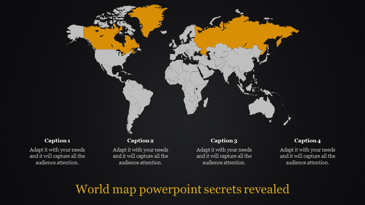 World map highlighting regions in orange with gray surrounding areas, and four captions below, on a black background.