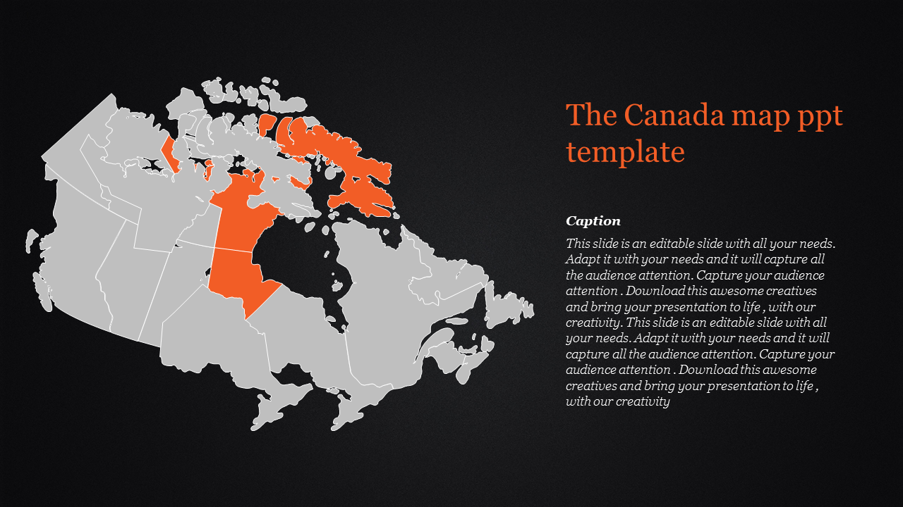 Canada map PowerPoint template with highlighted regions in orange for a professional presentation.