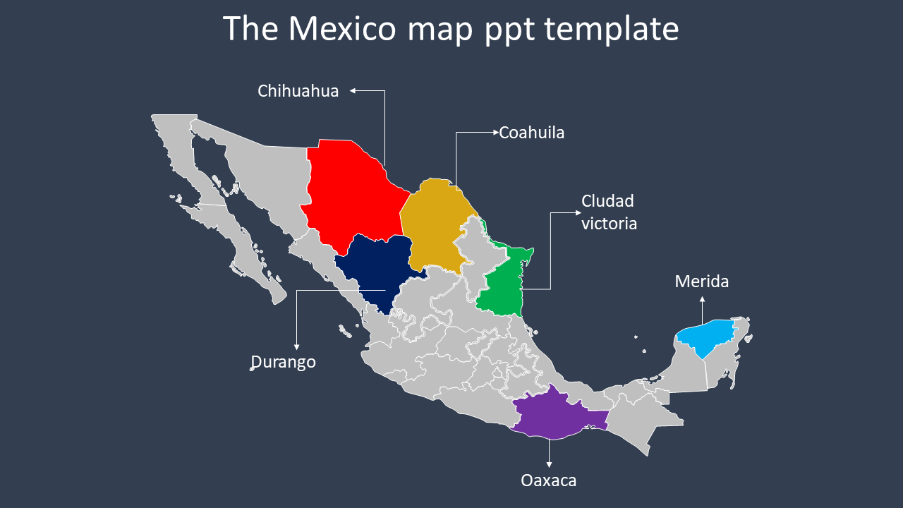 Mexico map with seven colored regions, with names pointing to the locations, set on a dark gray background.