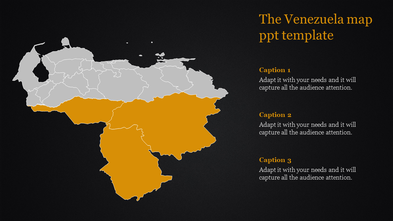 Venezuela map template showing a regional division, with southern areas highlighted in orange.