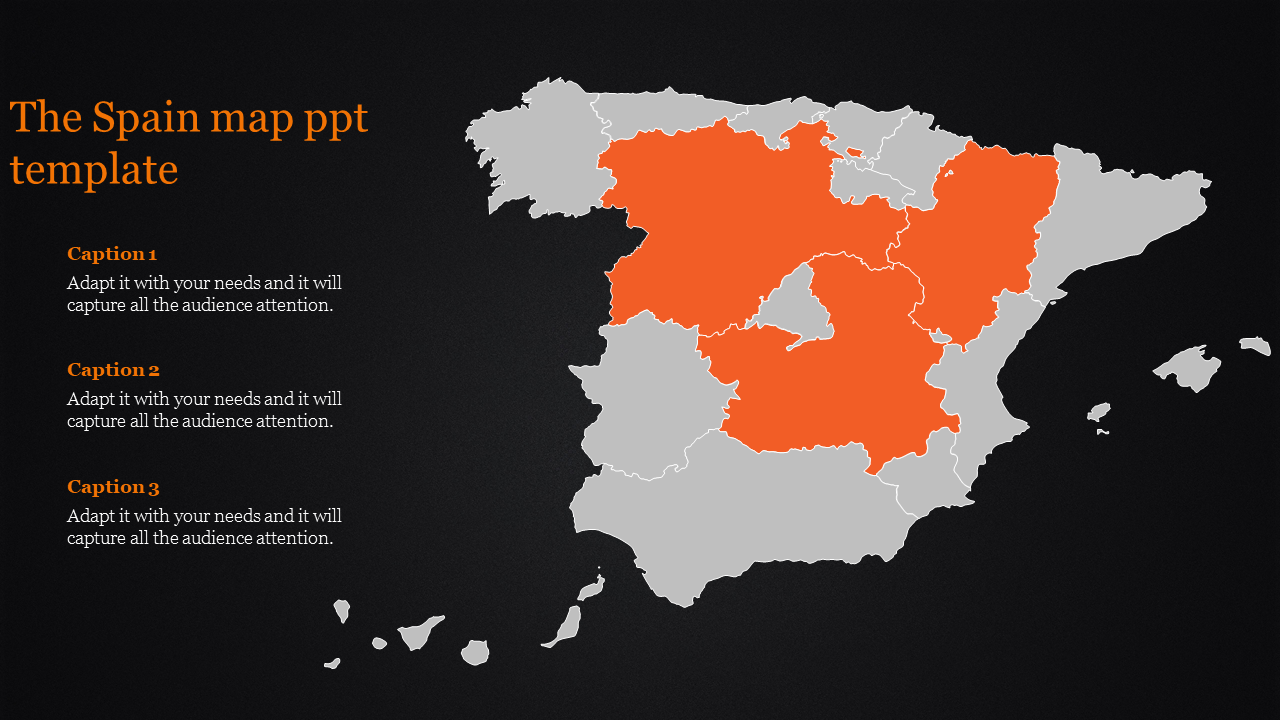 Spain map PowerPoint template with a highlighted region in orange with captions on a dark backdrop.