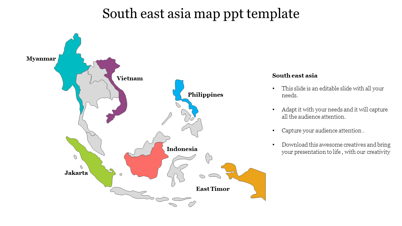 Southeast Asia map with six countries highlighted in different colors and  text on the right.