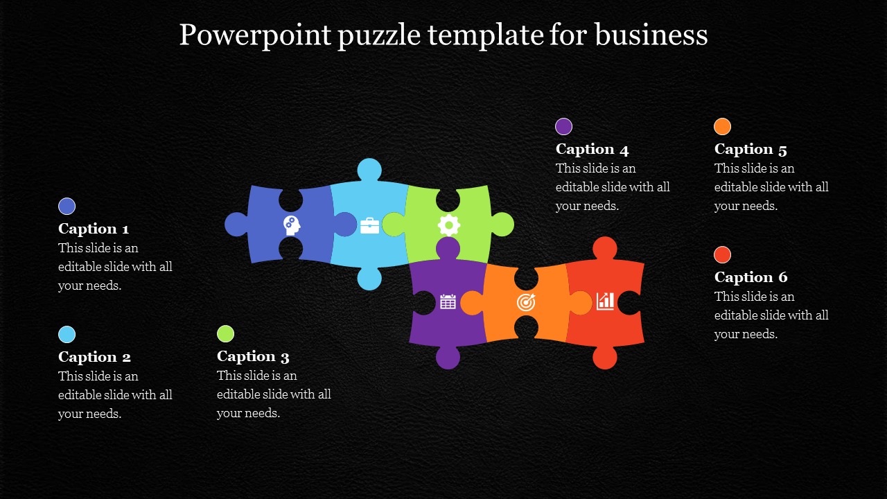 PowerPoint slide with a colorful puzzle and icons representing business concepts with captions on a dark backdrop.