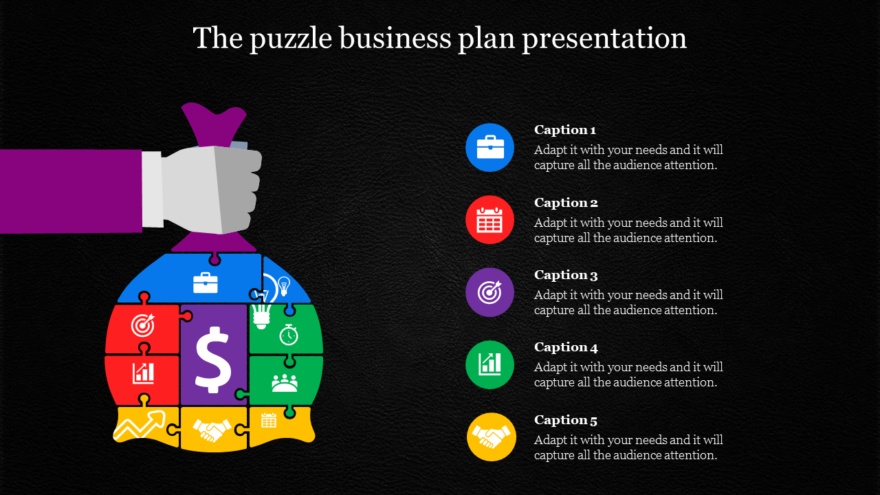 Colorful puzzle-shaped money bag with business icons, such as a dollar sign and bar chart, alongside five descriptive captions.