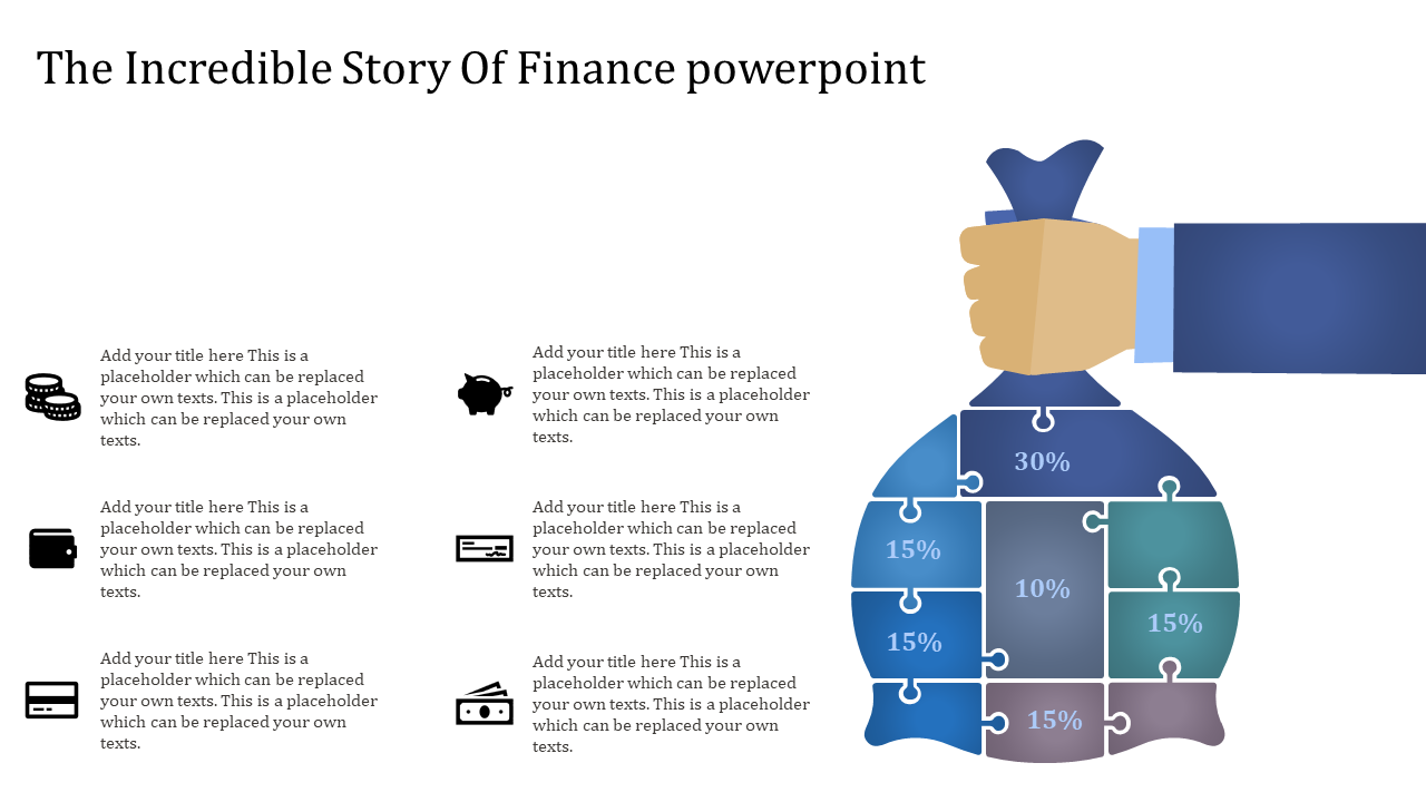 Financial slide with a piggy bank made of puzzle pieces, each section representing different percentages, held by a hand.