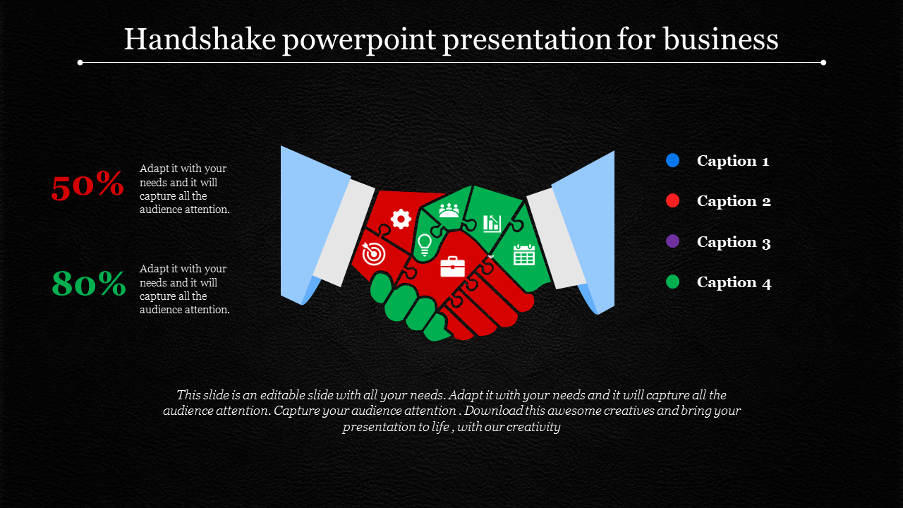 Handshake graphic on a black background, showcasing business icons within hands for collaboration.