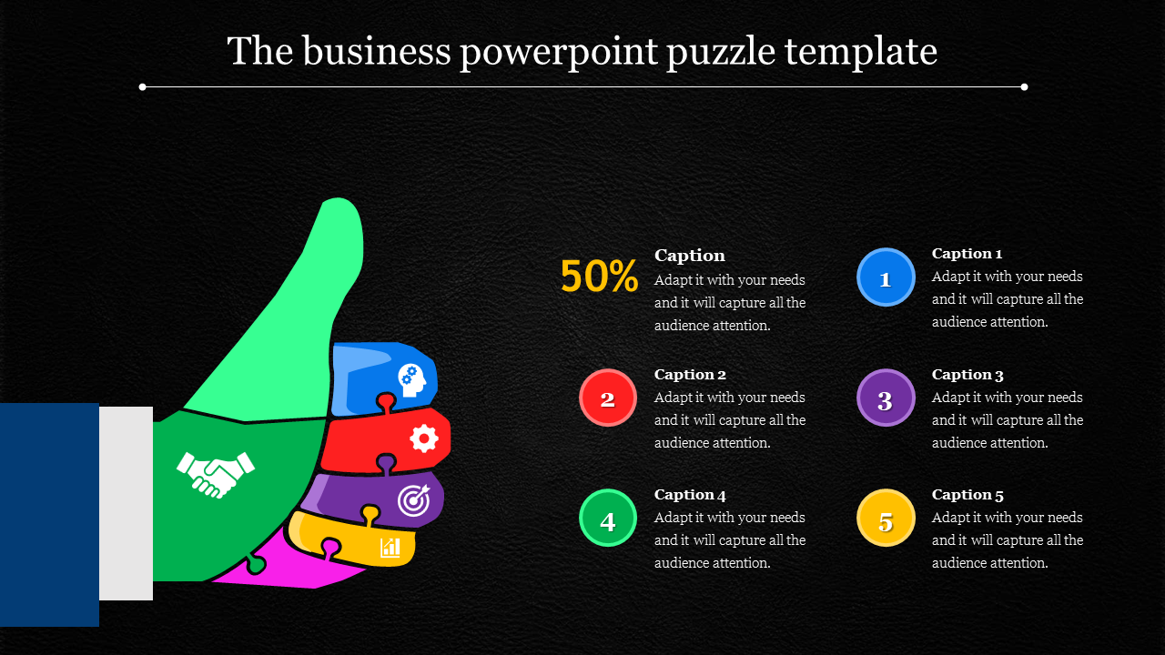 PowerPoint template with a colorful puzzle hand, showcasing business related icons in different sections with captions.