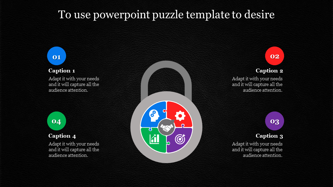 Circular lock design with colorful puzzle pieces inside, surrounded by four numbered captions on a black background.