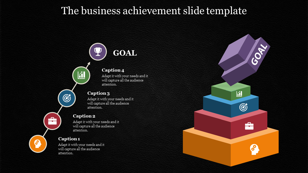 Business achievement slide with a pyramid structure representing steps to reach the goal, including icons and captions.