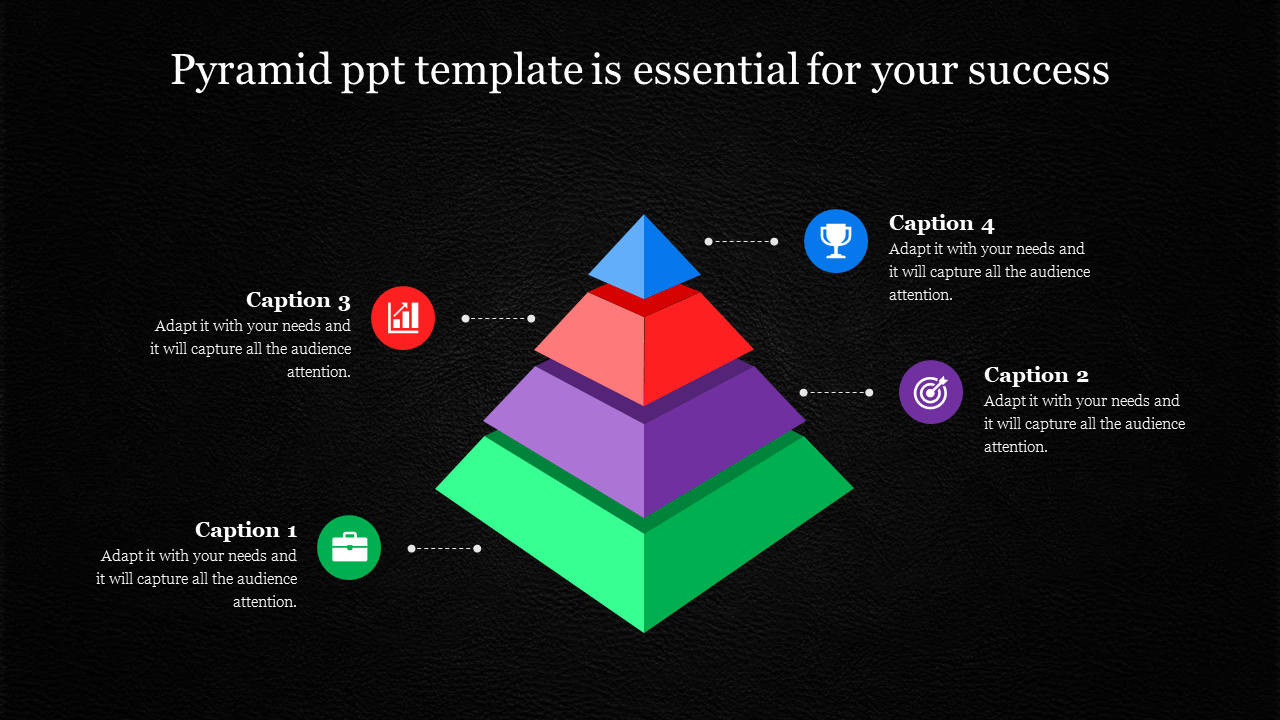 A multi colored pyramid slide with four layers each representing different stages, with caption areas on each side and icons.